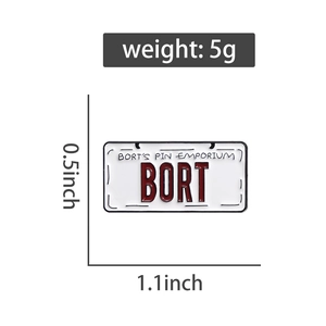 Detail view of BORT license plate enamel pin with 1.1x0.5 inch size and 5g weight info