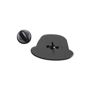 Detail of metal pin back with secure rubber butterfly clutch on black alloy base