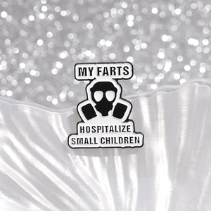 Funny black and white gas mask enamel pin with witty quote on glittery background