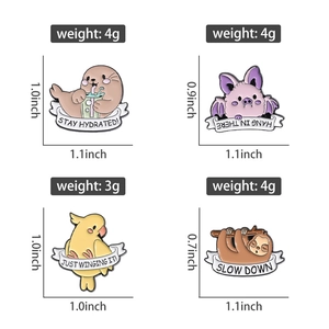 Detail view of four cartoon animal enamel pins showing sizes in inches and bird sloth designs