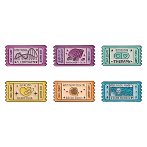 Lot de 6 épingles émaillées colorées style timbre sur le thème de la santé mentale
