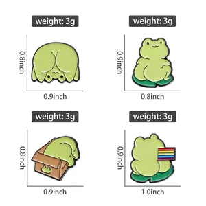 Detailed size chart for cartoon frog enamel pins showing dimensions and 3g weight