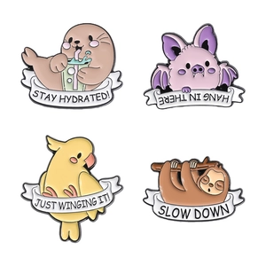 Set of 4 cute cartoon animal enamel pins featuring sloth, seal, bat, and parrot motifs