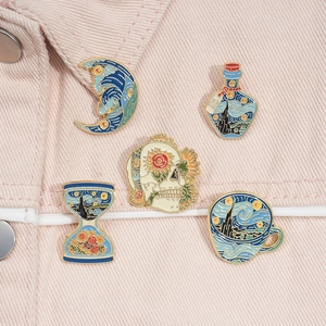 Artistic enamel pins set with Starry Night and Sunflowers oil painting designs