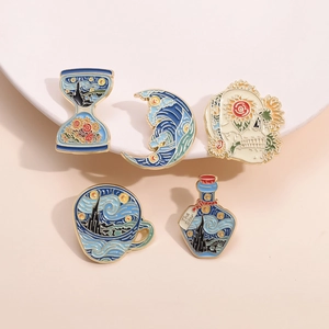 Artistic Van Gogh inspired enamel pin set with starry night and sunflower motifs