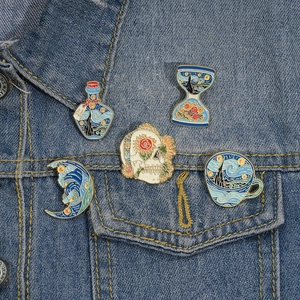 Artistic Van Gogh style enamel pins set with moon and starry night oil painting patterns