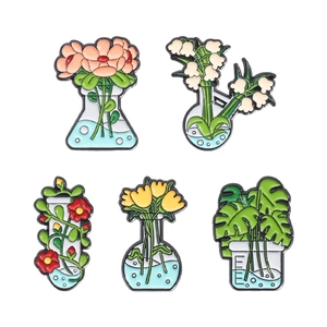 5er-Set kreative Emaille-Anstecknadeln mit Laborflaschen und bunten botanischen Pflanzen