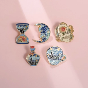 Artistic Oil Painting Enamel Pin Van Gogh Starry Night Sunflower Skull Hourglass Brooch Lapel Pin For Backpack Clothing