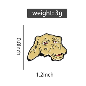 Detailed view of yellow cartoon dog enamel pin showing size 1.2 by 0.8 inches and 3g weight
