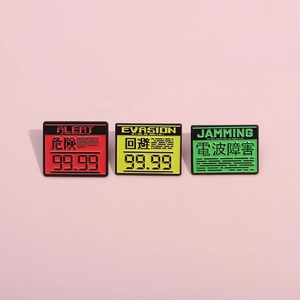 Lot de 3 broches en émail métallique avec motifs d'alerte et d'avertissement style pixel
