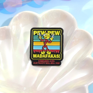 Rainbow geometric metal pin badge with red lightning figure and Pew Pew Madafakas text