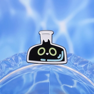 Cartoon black cat in a glass flask enamel pin, creative cute animal metal badge accessory