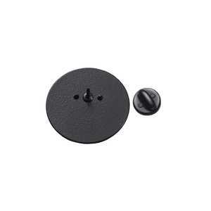 Detailed view of matte black metal badge back pin with a secure rubber butterfly clutch