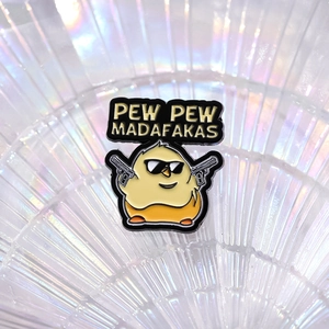 Funny cartoon yellow chick enamel pin with sunglasses and guns on a pearl tray