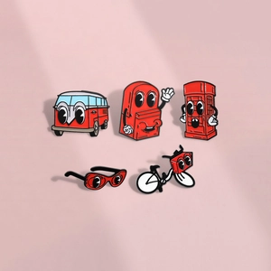 Cartoon Red Enamel Brooch Pin For Clothing Backpack Retro Phone Booth Bus Bicycle Glasses Funny Alloy Badge Jewelry Gift