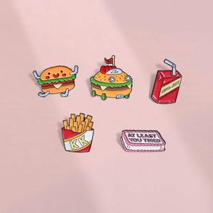 Cute set of 5 cartoon food enamel pins featuring hamburger, fries, and funny cake badges