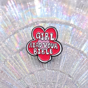 Cartoon red flower enamel brooch with Girl Read Your Bible text on iridescent tray