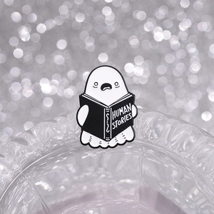 Cute reading ghost enamel pin with Human Stories book for Halloween costume accessories
