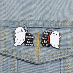 Funny ghost enamel pins with knife and axe, punk style brooches on denim jacket