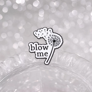 Spilla minimalista in smalto con dente di leone e testo 'blow me' su base di vetro