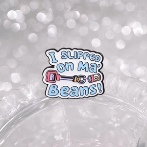 Blue enamel pin with Ma' Beans quote, robotic arm and can design for backpacks