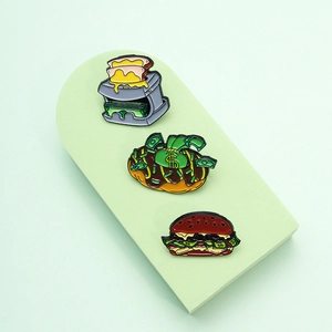 Three enamel pins set with creative burger doughnut and toaster dollar money designs