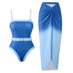 Detail of denim print swimsuit with metal ring belt and gradient wrap skirt