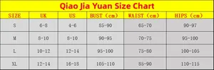 Detailed size chart for women's one-piece swimsuit and chiffon skirt set S to XL