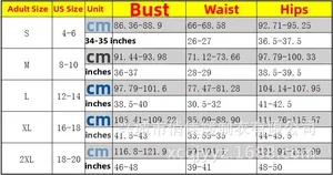 Detailed size chart for women's swimwear from S to 2XL with US and metric measurements