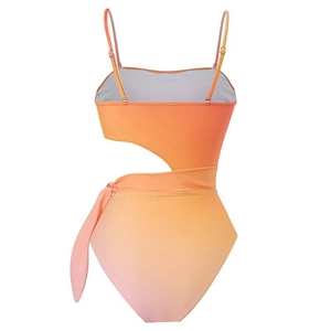 Detail of orange-pink gradient one-piece swimsuit with side cut-outs and lace-up waist