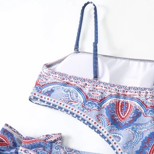 Detail shot of paisley print bikini set showing adjustable straps and fine stitching