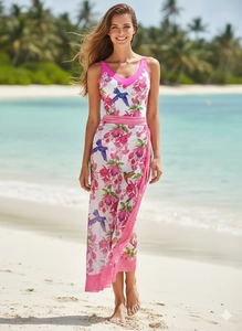 Tropical two-piece beach set featuring floral hummingbird print top and wrap skirt