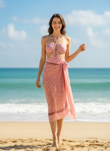 Detailed view of pink floral one-piece swimsuit with matching beach cover-up skirt