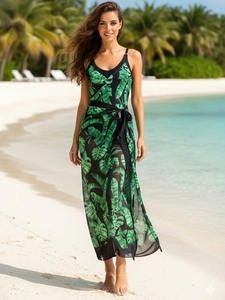 Women's one-piece swimsuit with tropical leaf print and matching black chiffon skirt