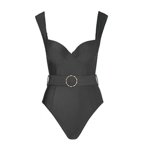 Detail view of black one-piece swimsuit with wide straps and gold hexagonal buckle belt