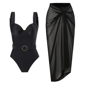 Detail view of black one-piece swimsuit with gold buckle belt and mesh sarong set