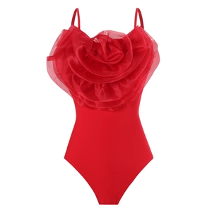 Detail of red bodysuit featuring 3D mesh rose floral design and spaghetti straps
