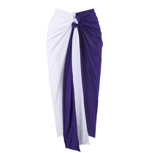 Detail of two-tone purple and white wrap skirt with knotted waist for beachwear