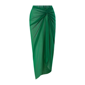 Detailed view of emerald green mesh wrap skirt with front knot and asymmetrical hem