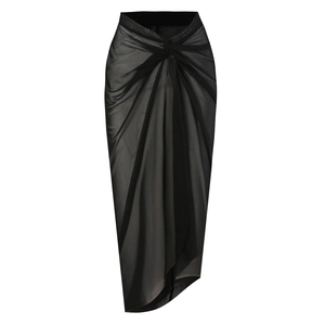 Close-up of black mesh wrap sarong with twisted knot detail and layered hem for beachwear