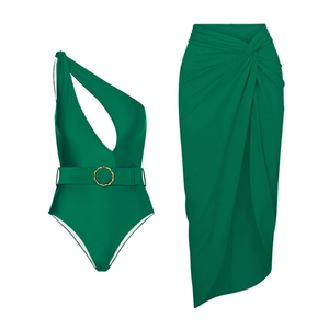 Detail of green one-shoulder swimsuit with waist belt and matching sarong skirt set
