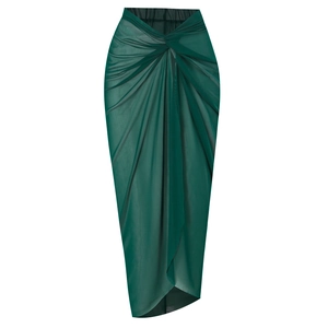 Detail of dark green mesh swim cover-up skirt with elegant twist knot and draped pleats