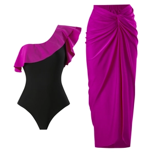 Women One-Shoulder Ruffle One-Piece Swimsuit and Side Slit Sarong Skirt Two-Piece Set Polyester Spandex Retro Beachwear