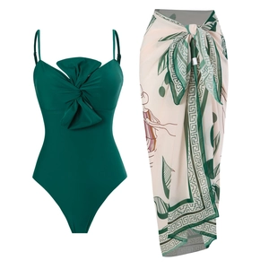 Women's One Piece Swimsuit And Floral Sarong Set Sexy Twist Knot Front Padded Tummy Control Beachwear Vacation Bathing Suit