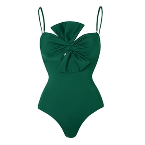 Elegant emerald green one-piece swimsuit with chic bow detail and slim straps