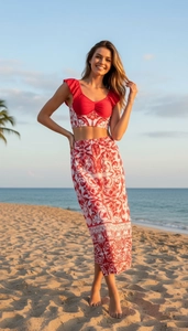 Close-up of red ruffle crop top and vintage pattern maxi skirt set for beach vacation