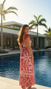 Detailed view of red toile de jouy ruffled bikini top and high-waisted skirt set