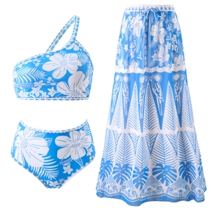Three-piece bikini set with one-shoulder top, high-waist bottoms and tropical parrot sarong