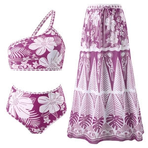 Three-piece purple tropical floral bikini set with one-shoulder top and matching beach sarong