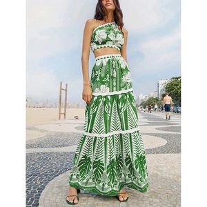 Three-piece bikini set with tropical plant print, one-shoulder top and mesh skirt
